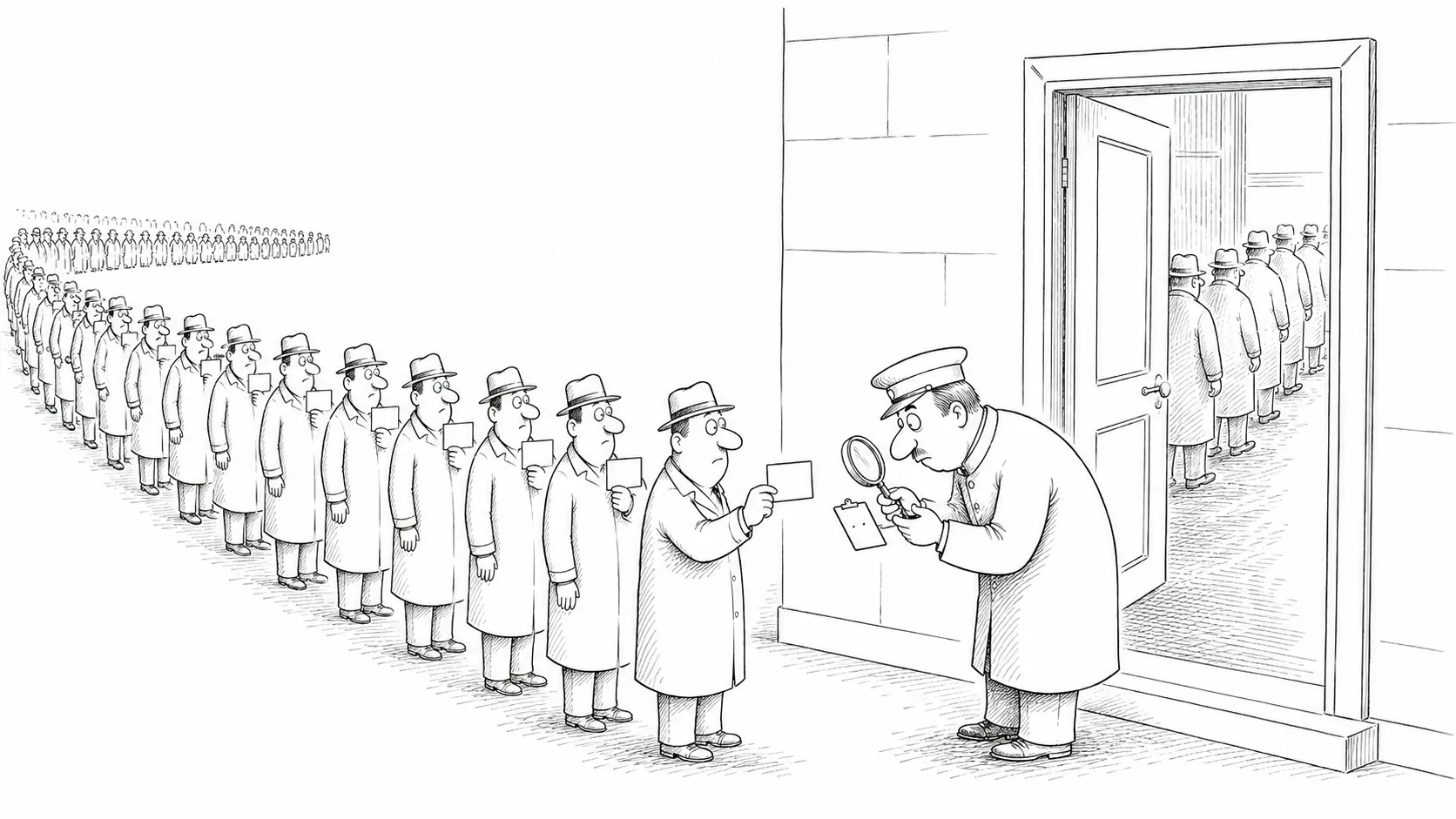 Pen-and-ink drawing: an endless queue of identically dressed visitors, each holding up a blank name card, while a doorman inspects one card against a very short list. Behind him, others walk through the open door unchecked.